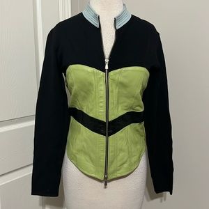 One Girl Who black, green, blue & yellow genuine leather & fabric jacket, size M
